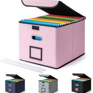 Pink File Storage Box with Lid and Handle - Home Office Organizer